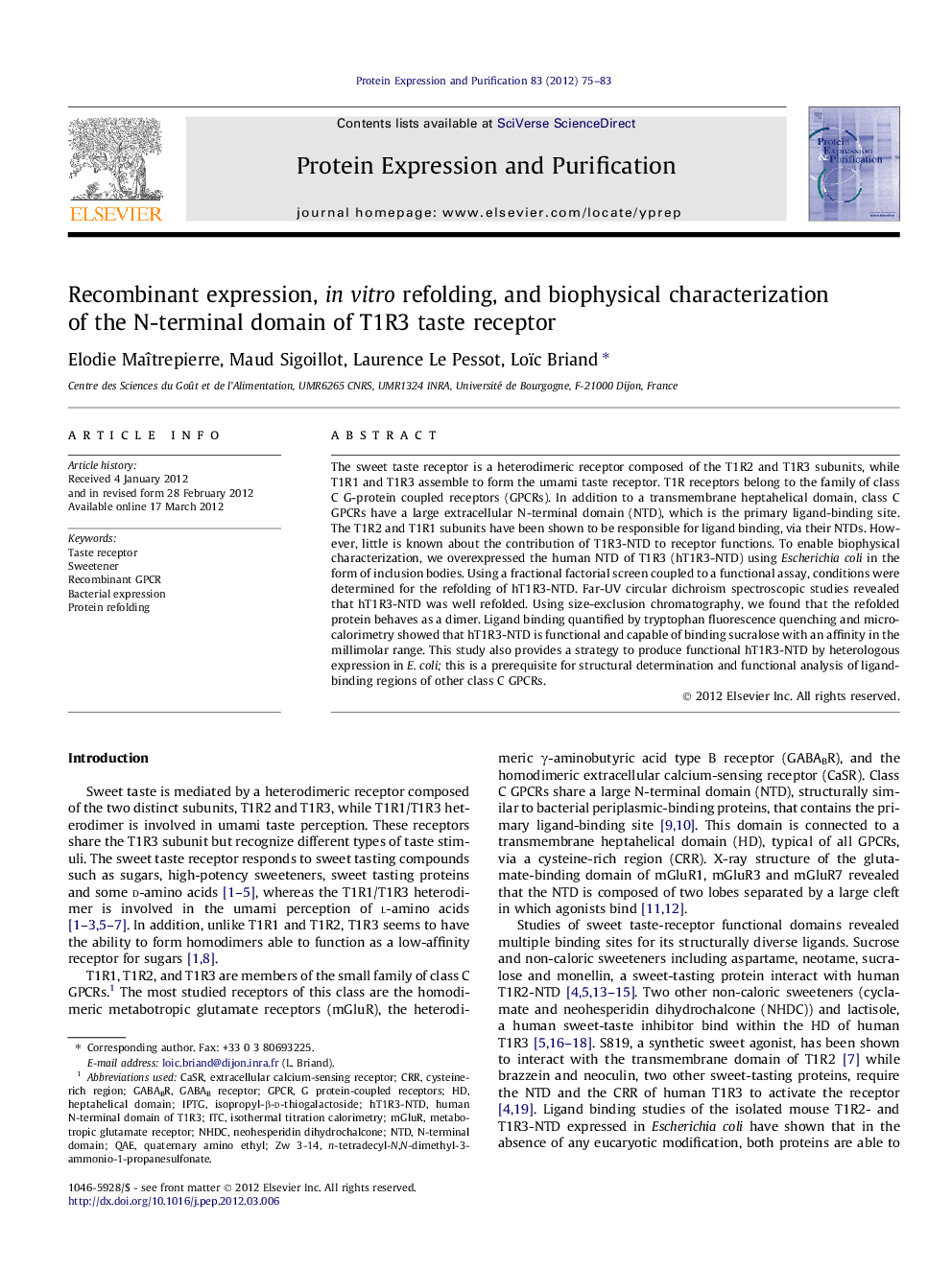 Recombinant expression, in vitro refolding, and biophysical characterization of the N-terminal domain of T1R3 taste receptor