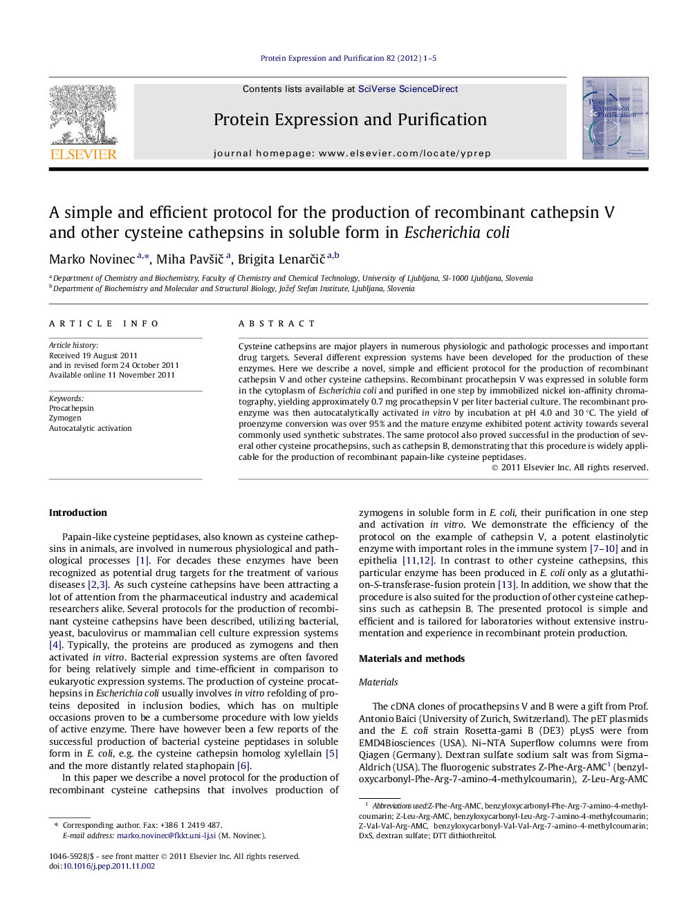 A simple and efficient protocol for the production of recombinant cathepsin V and other cysteine cathepsins in soluble form in Escherichia coli