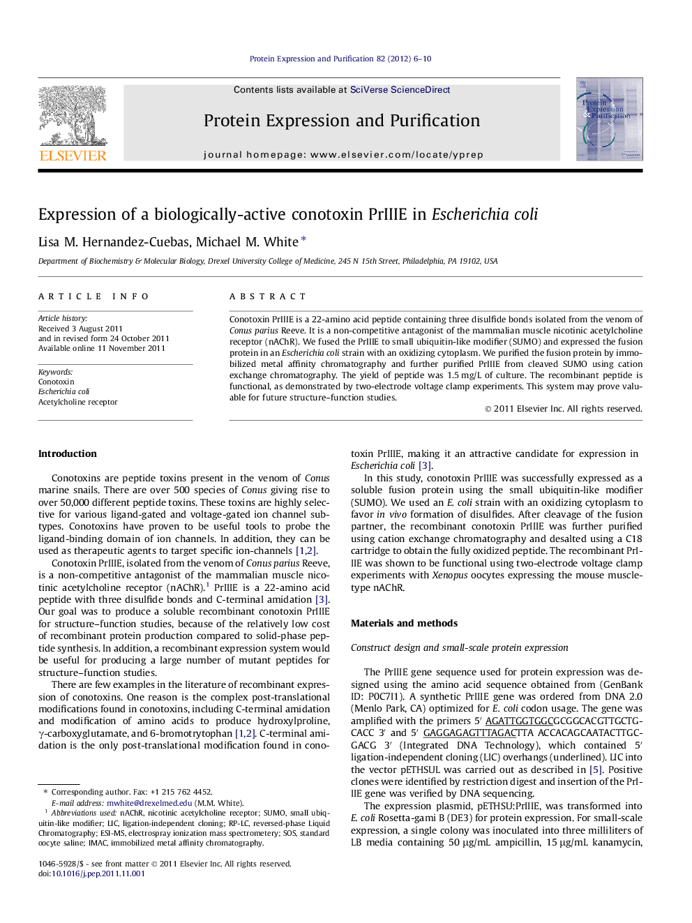 Expression of a biologically-active conotoxin PrIIIE in Escherichia coli