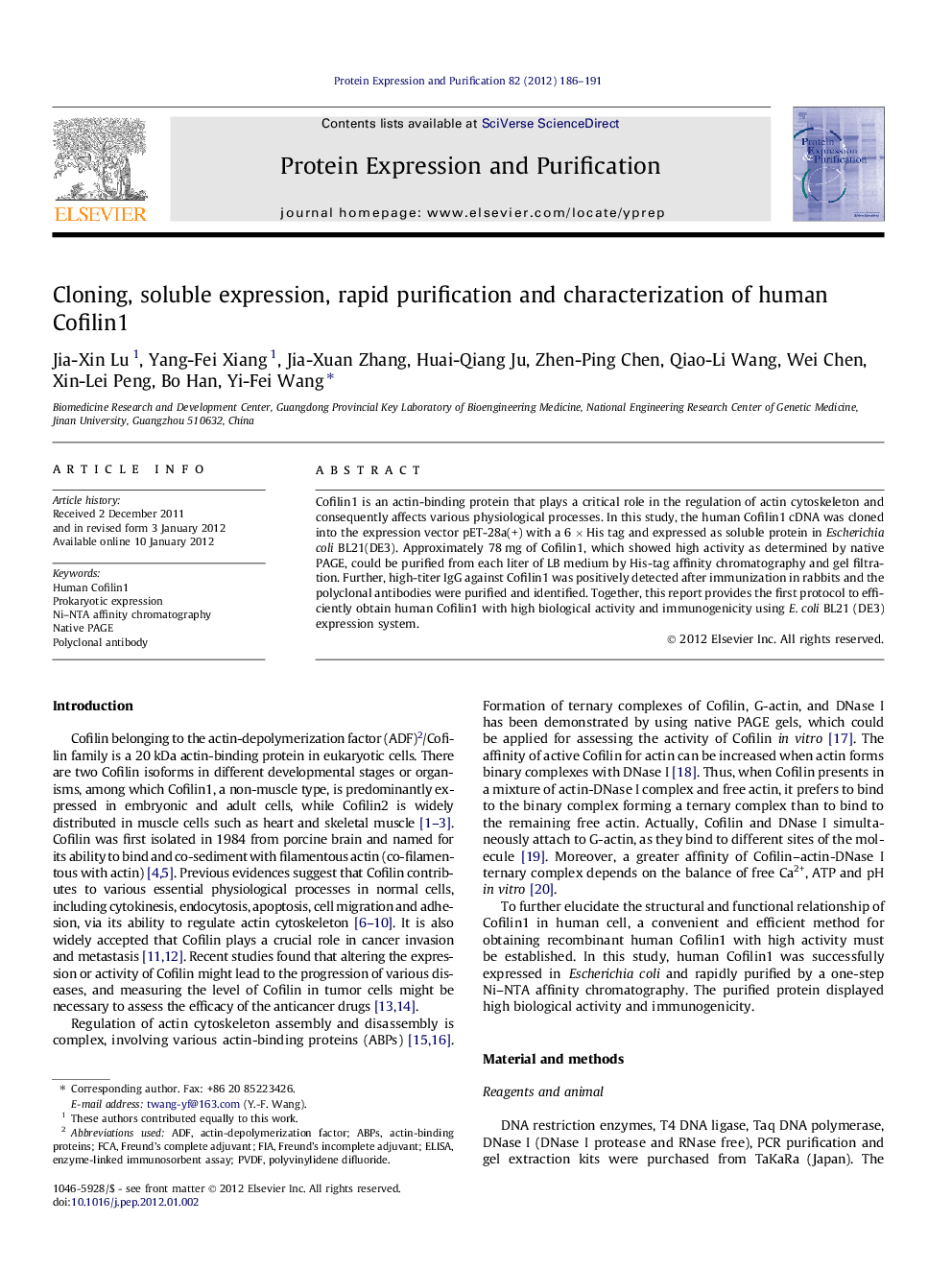 Cloning, soluble expression, rapid purification and characterization of human Cofilin1