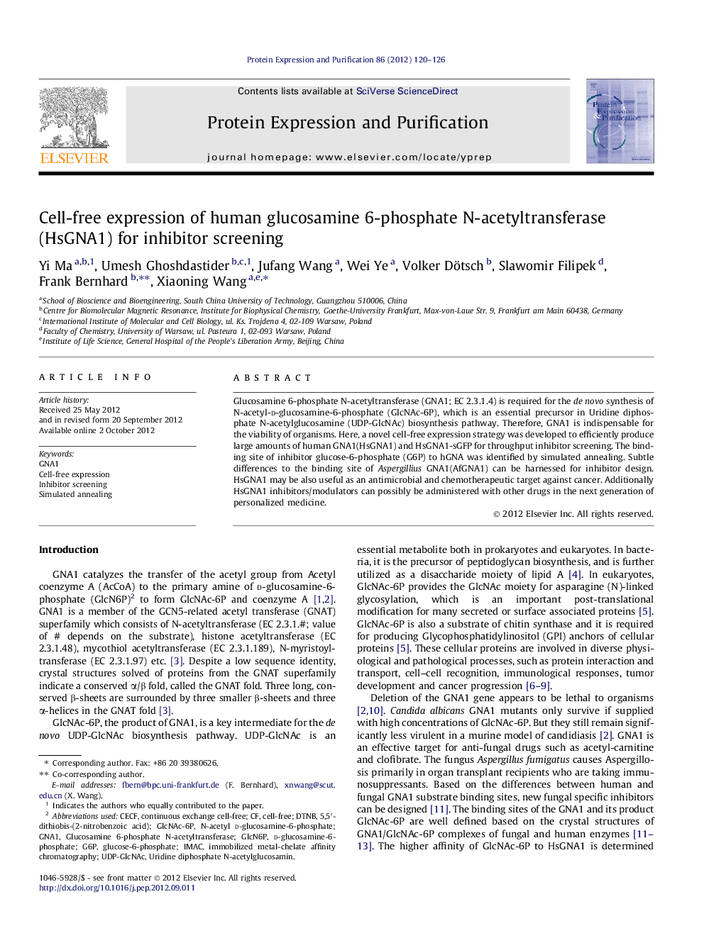 Cell-free expression of human glucosamine 6-phosphate N-acetyltransferase (HsGNA1) for inhibitor screening