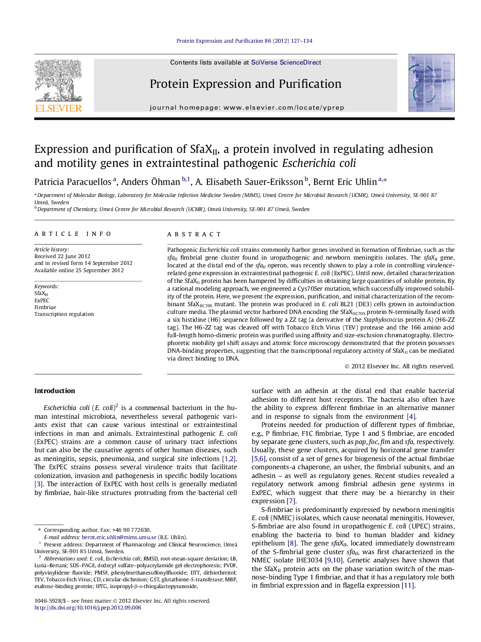 Expression and purification of SfaXII, a protein involved in regulating adhesion and motility genes in extraintestinal pathogenic Escherichia coli