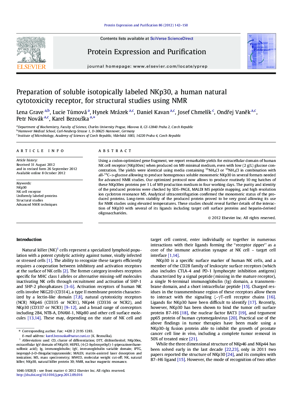 Preparation of soluble isotopically labeled NKp30, a human natural cytotoxicity receptor, for structural studies using NMR