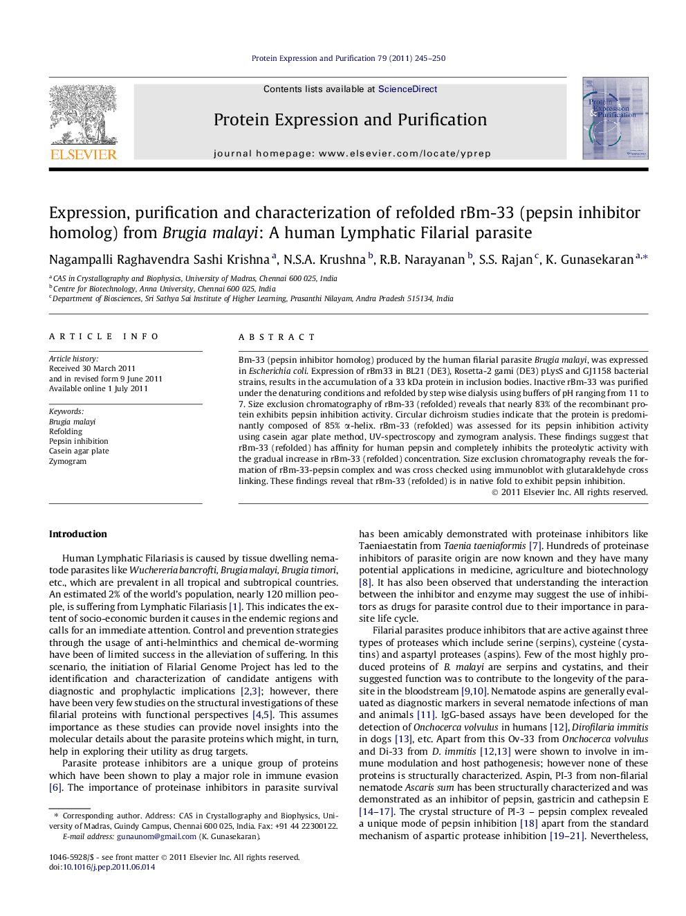 Expression, purification and characterization of refolded rBm-33 (pepsin inhibitor homolog) from Brugia malayi: A human Lymphatic Filarial parasite