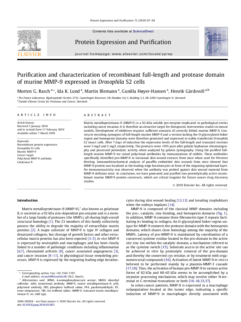 Purification and characterization of recombinant full-length and protease domain of murine MMP-9 expressed in Drosophila S2 cells