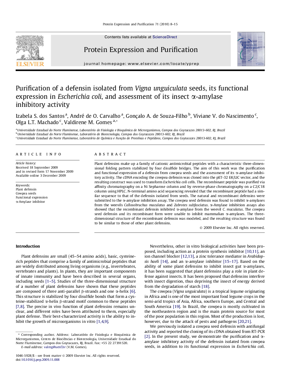 Purification of a defensin isolated from Vigna unguiculata seeds, its functional expression in Escherichia coli, and assessment of its insect Î±-amylase inhibitory activity