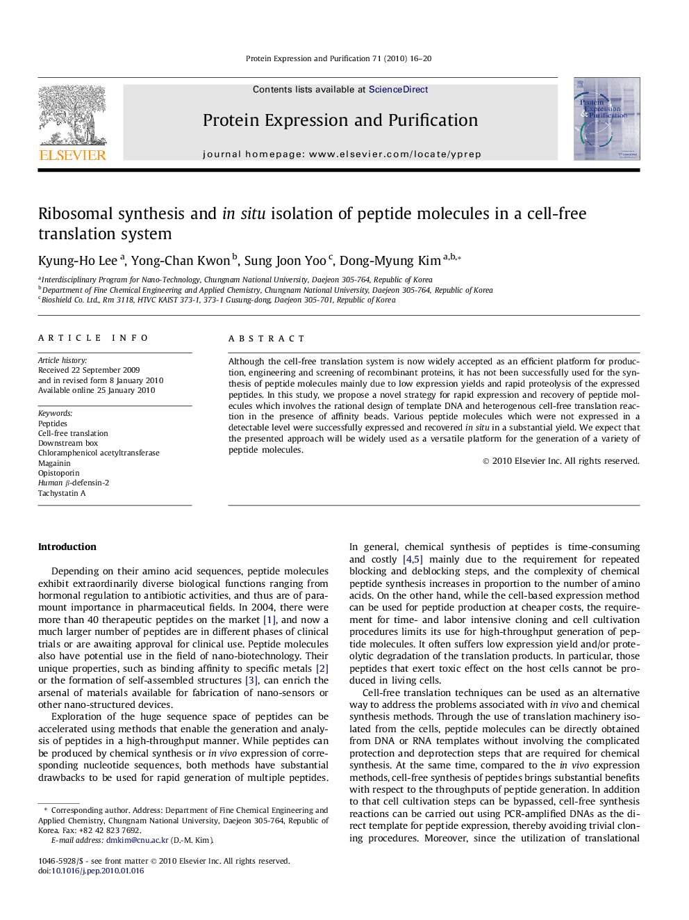 Ribosomal synthesis and in situ isolation of peptide molecules in a cell-free translation system