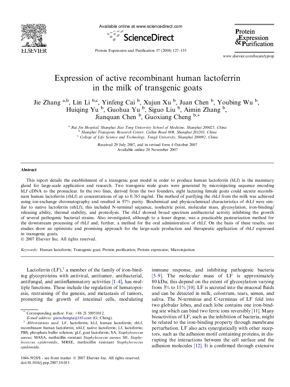 Expression of active recombinant human lactoferrin in the milk of transgenic goats