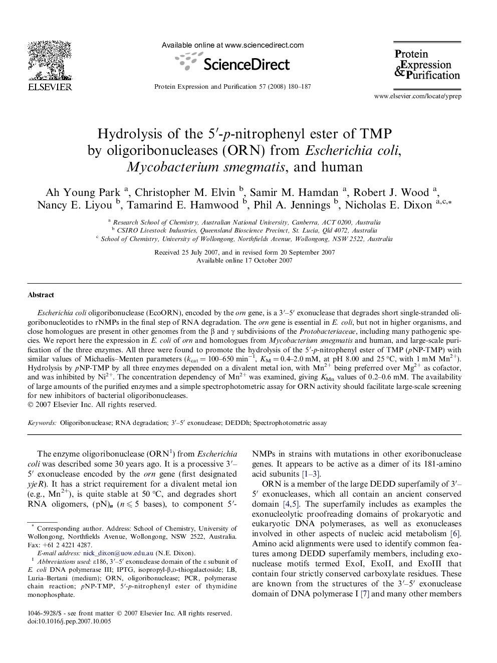 Hydrolysis of the 5â²-p-nitrophenyl ester of TMP by oligoribonucleases (ORN) from Escherichia coli, Mycobacterium smegmatis, and human