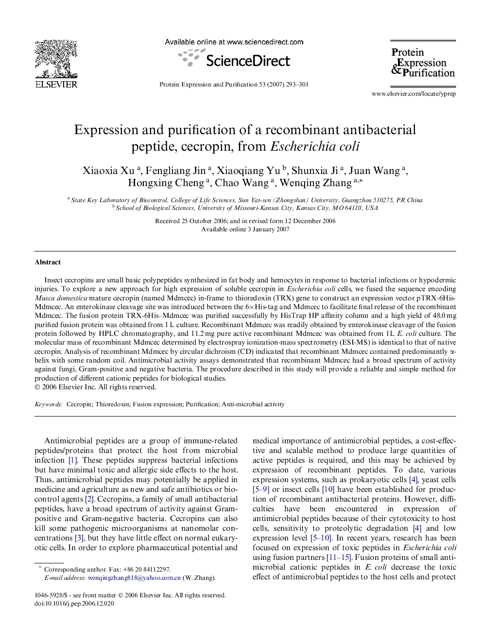 Expression and purification of a recombinant antibacterial peptide, cecropin, from Escherichia coli