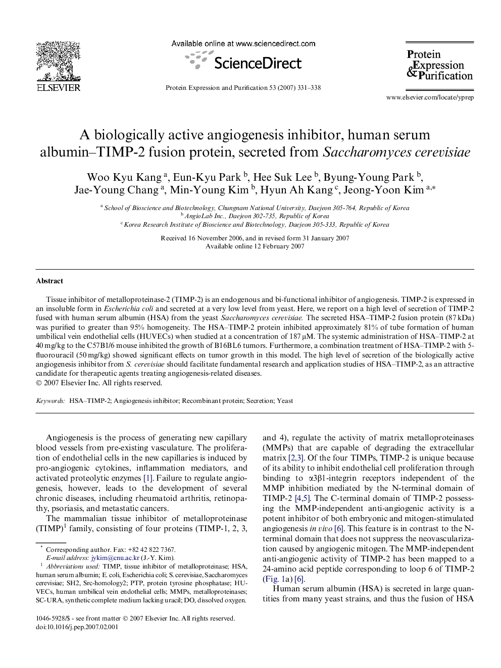 A biologically active angiogenesis inhibitor, human serum albumin-TIMP-2 fusion protein, secreted from Saccharomyces cerevisiae