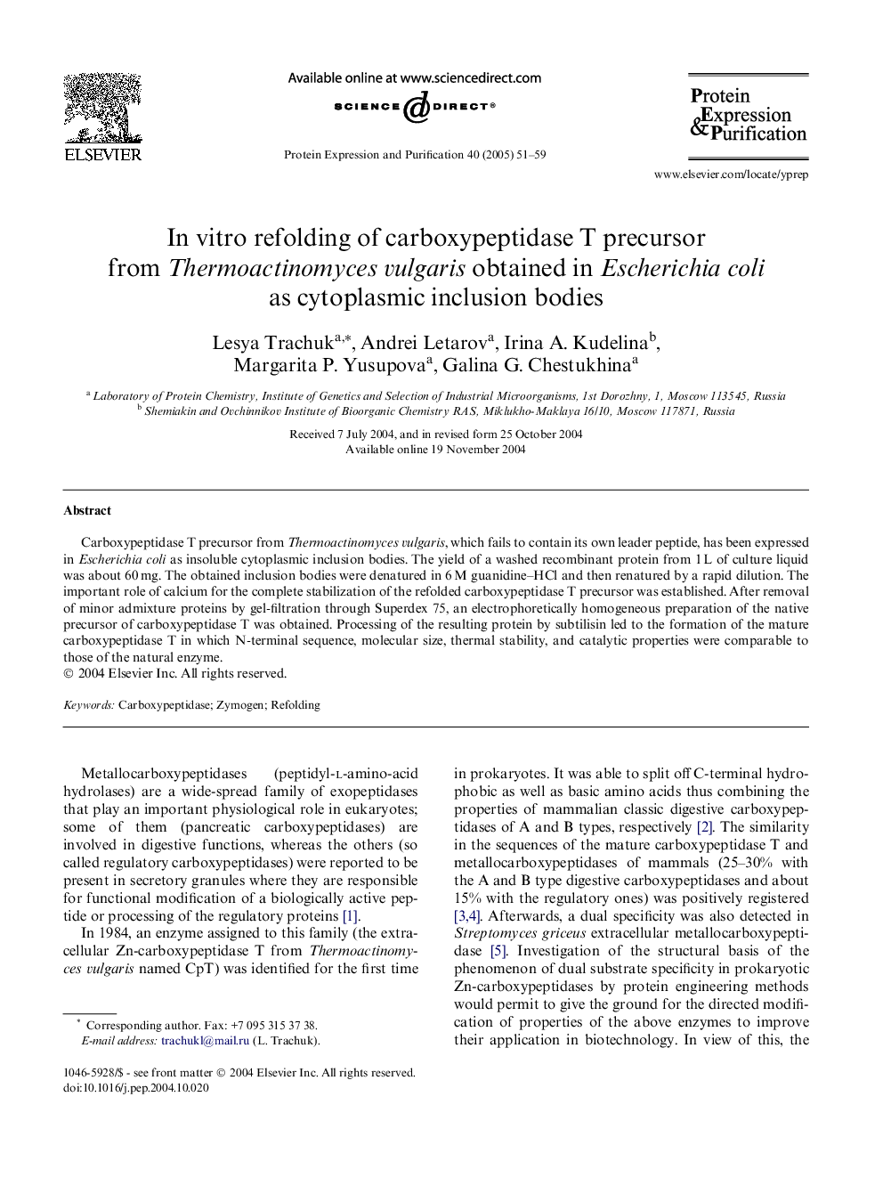 In vitro refolding of carboxypeptidase T precursor from Thermoactinomyces vulgaris obtained in Escherichia coli as cytoplasmic inclusion bodies