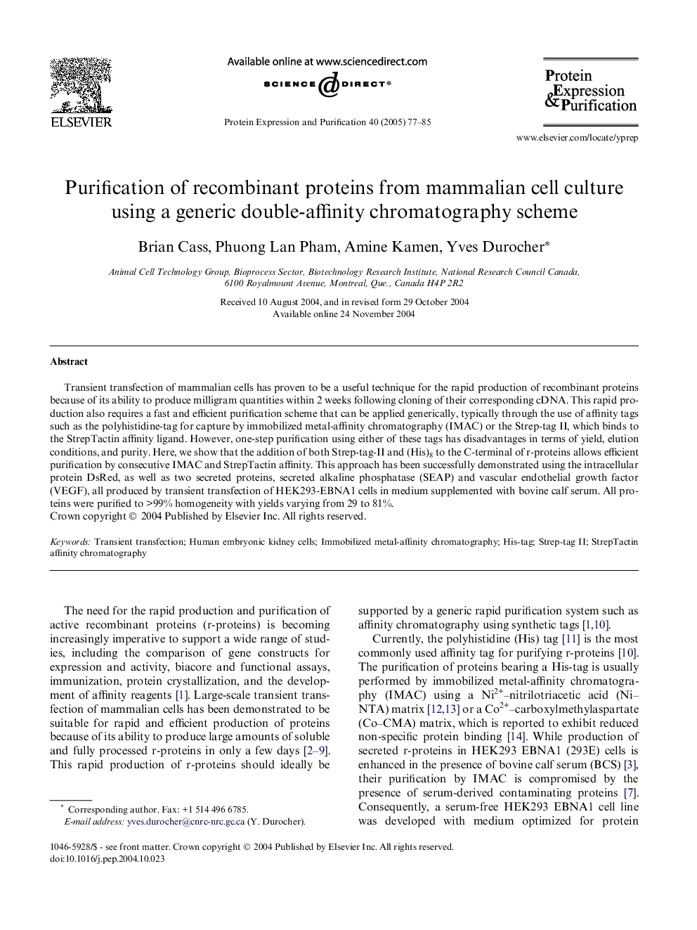 Purification of recombinant proteins from mammalian cell culture using a generic double-affinity chromatography scheme