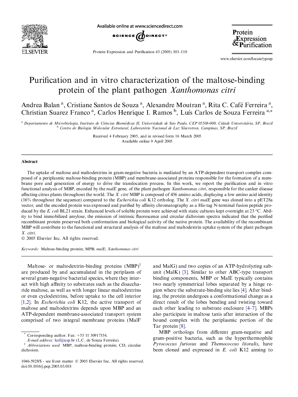 عکس صفحه اول مقاله: Purification and in vitro characterization of the maltose-binding protein of the plant pathogen Xanthomonas citri Purification and in vitro characterization of the maltose-binding protein of the plant pathogen Xanthomonas citri