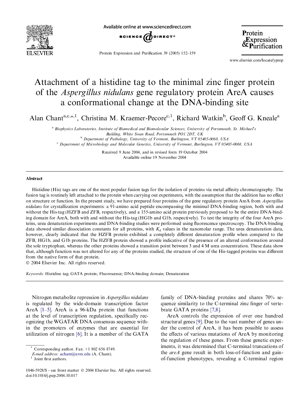 Attachment of a histidine tag to the minimal zinc finger protein of the Aspergillus nidulans gene regulatory protein AreA causes a conformational change at the DNA-binding site