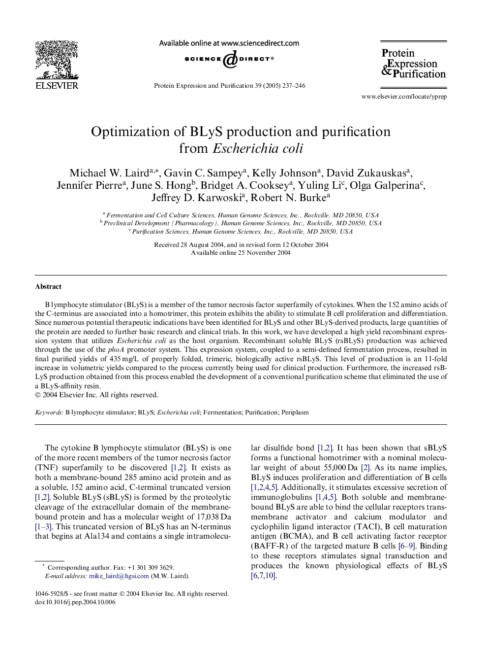 Optimization of BLyS production and purification from Escherichia coli