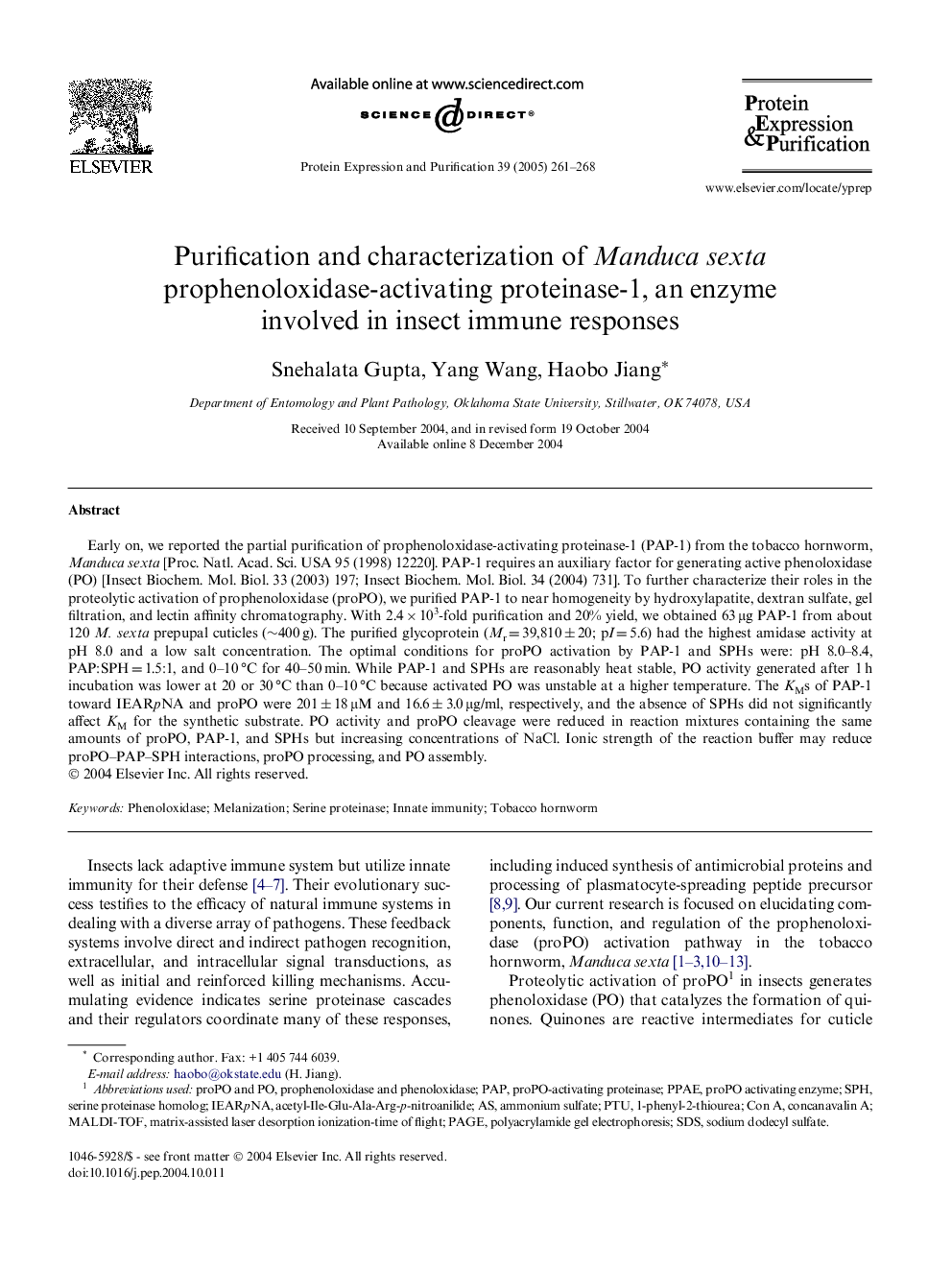 Purification and characterization of Manduca sexta prophenoloxidase-activating proteinase-1, an enzyme involved in insect immune responses