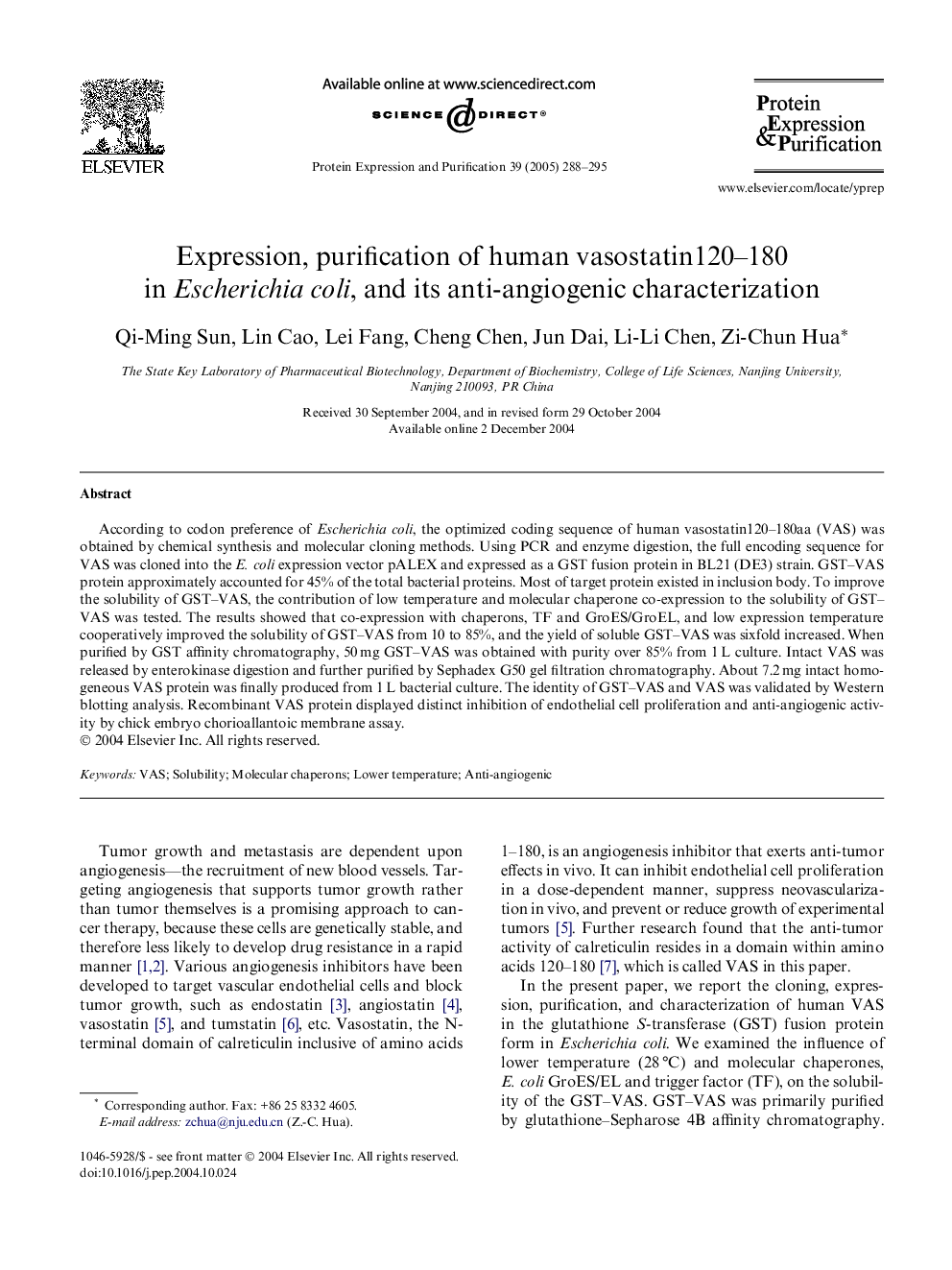 Expression, purification of human vasostatin120-180 in Escherichia coli, and its anti-angiogenic characterization