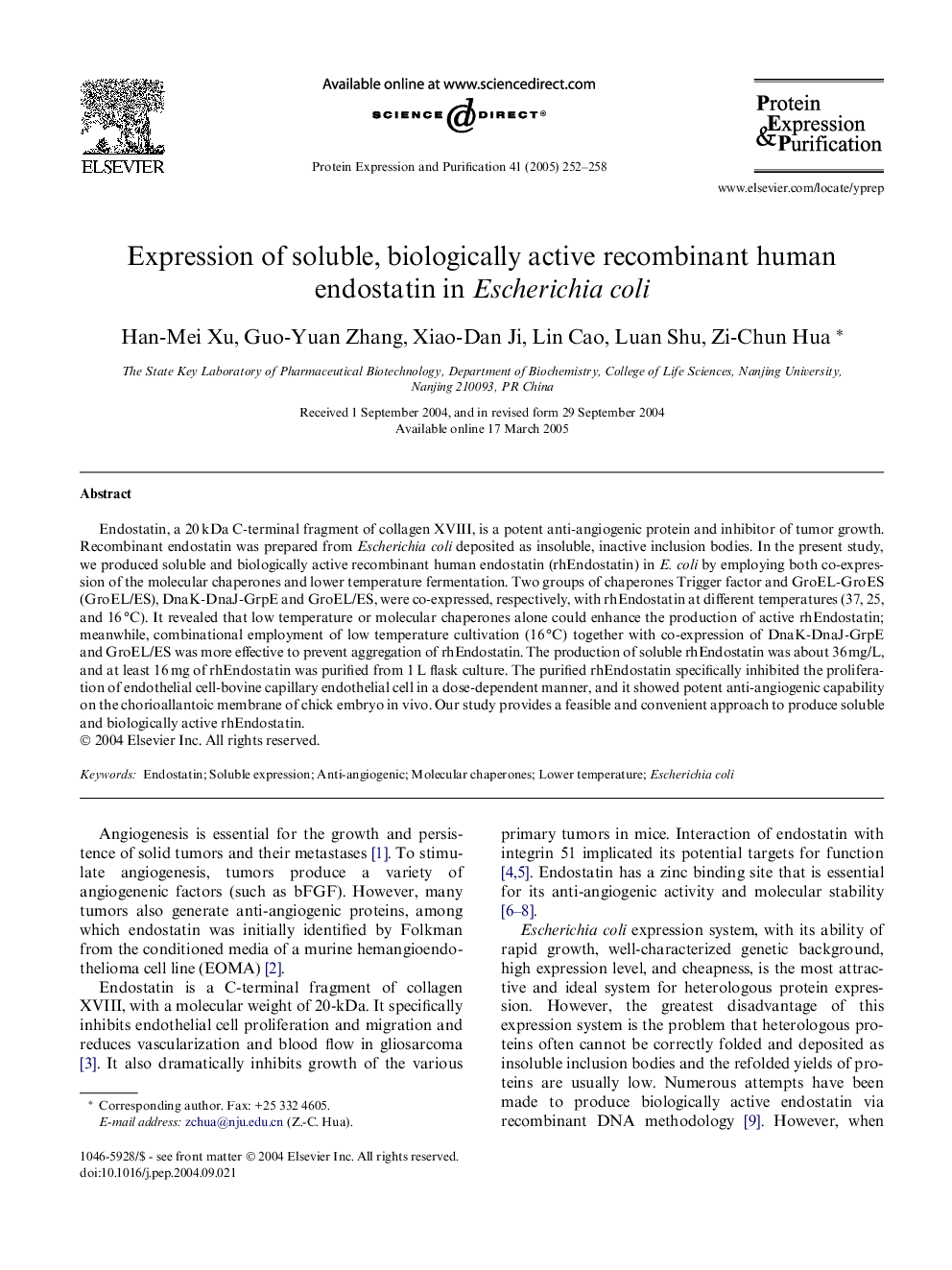 Expression of soluble, biologically active recombinant human endostatin in Escherichia coli