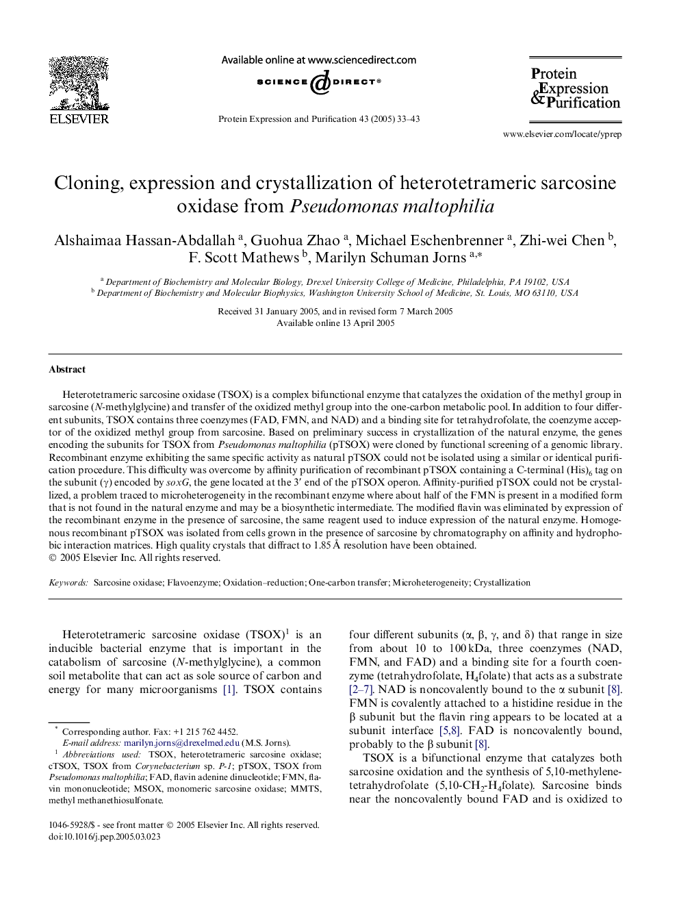 Cloning, expression and crystallization of heterotetrameric sarcosine oxidase from Pseudomonas maltophilia