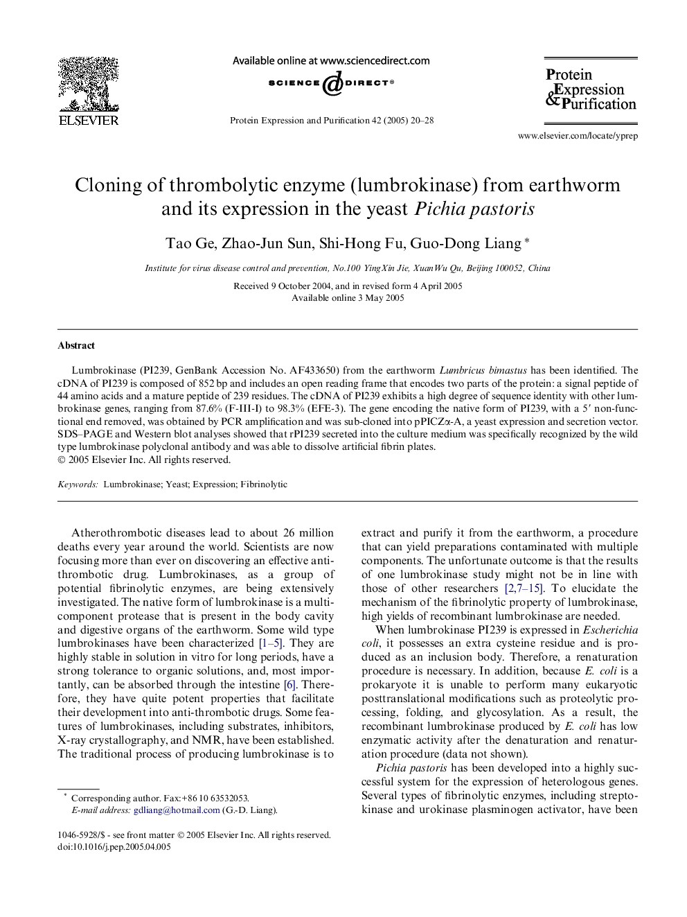 Cloning of thrombolytic enzyme (lumbrokinase) from earthworm and its expression in the yeast Pichia pastoris