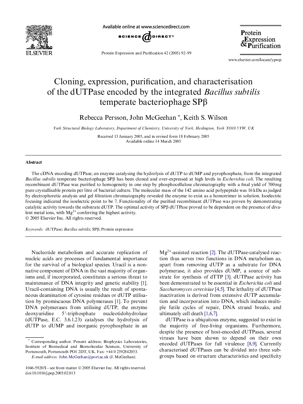 Cloning, expression, purification, and characterisation of the dUTPase encoded by the integrated Bacillus subtilis temperate bacteriophage SPÎ²