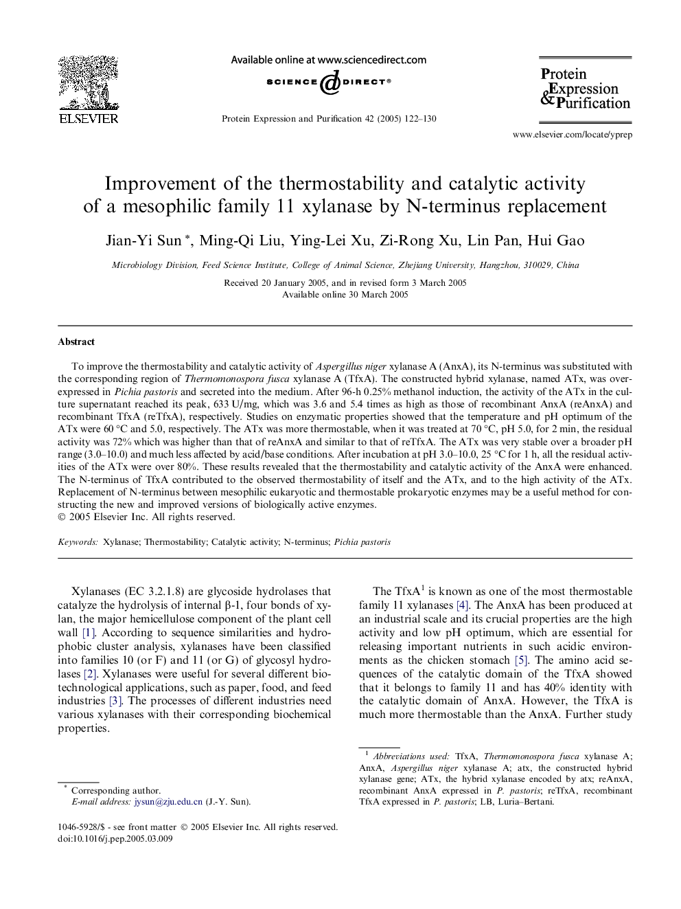 Improvement of the thermostability and catalytic activity of a mesophilic family 11 xylanase by N-terminus replacement