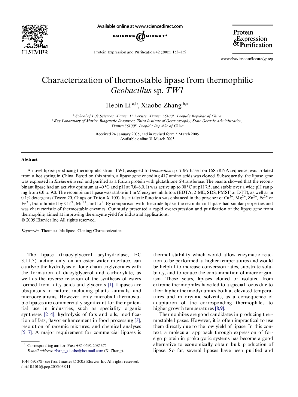 Characterization of thermostable lipase from thermophilic Geobacillus sp. TW1