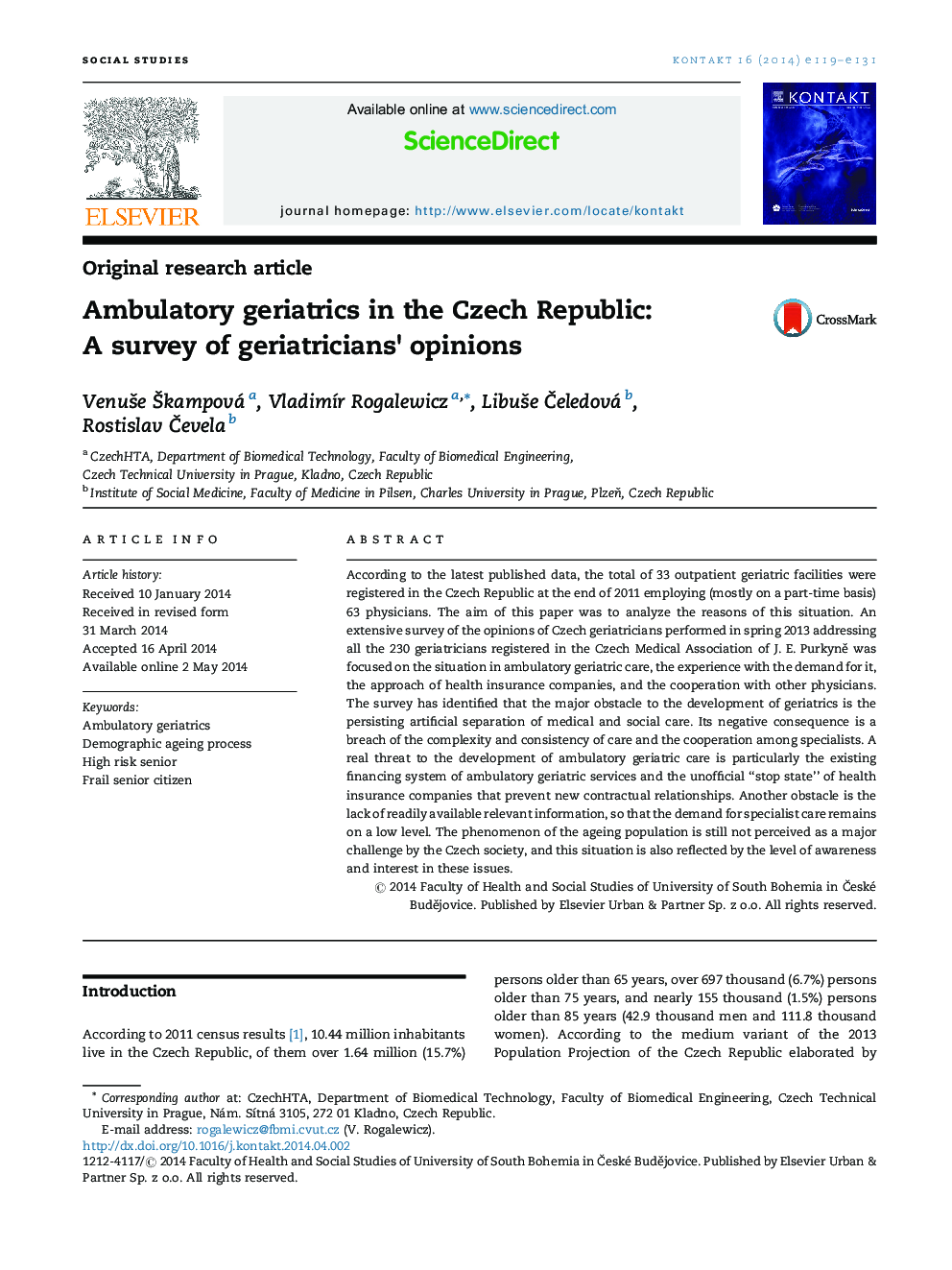 پیرپزشکی سیار در جمهوری چک: بررسی نظرات geriatricians 