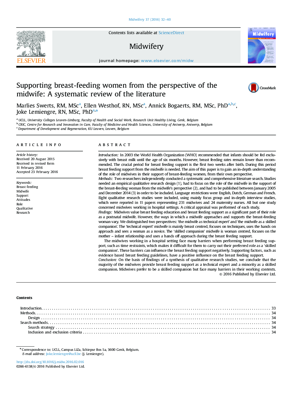 Supporting breast-feeding women from the perspective of the midwife: A systematic review of the literature