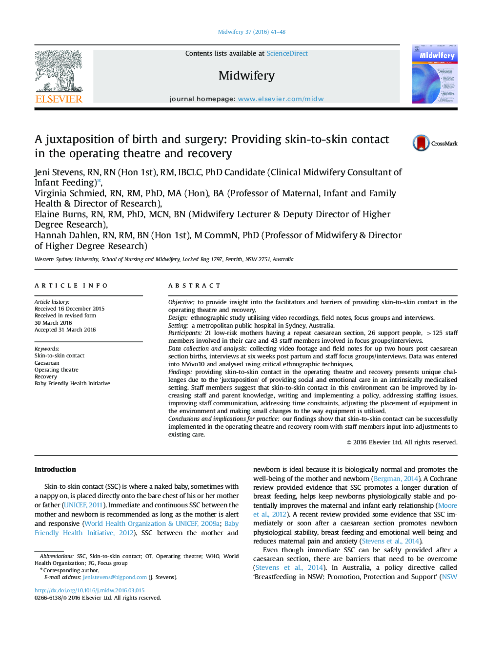 A juxtaposition of birth and surgery: Providing skin-to-skin contact in the operating theatre and recovery