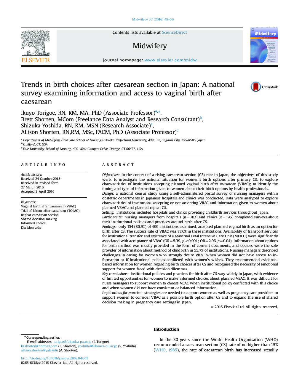 Trends in birth choices after caesarean section in Japan: A national survey examining information and access to vaginal birth after caesarean