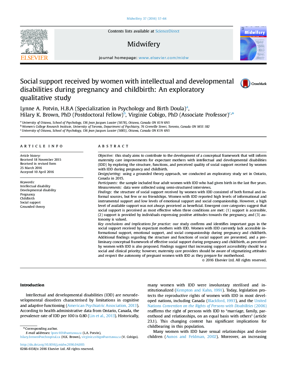 Social support received by women with intellectual and developmental disabilities during pregnancy and childbirth: An exploratory qualitative study