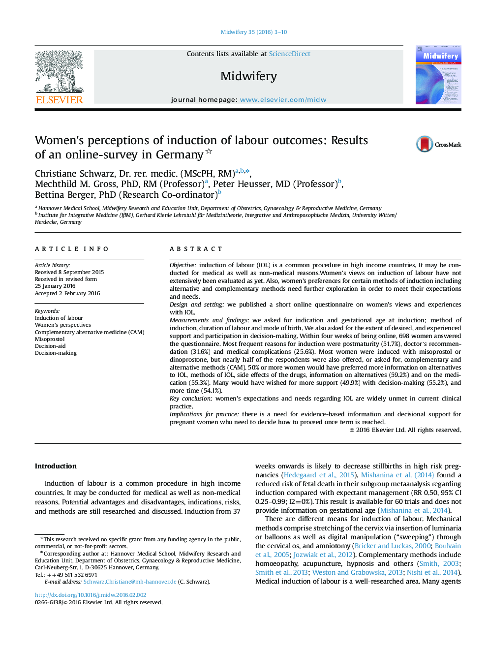 Women׳s perceptions of induction of labour outcomes: Results of an online-survey in Germany 