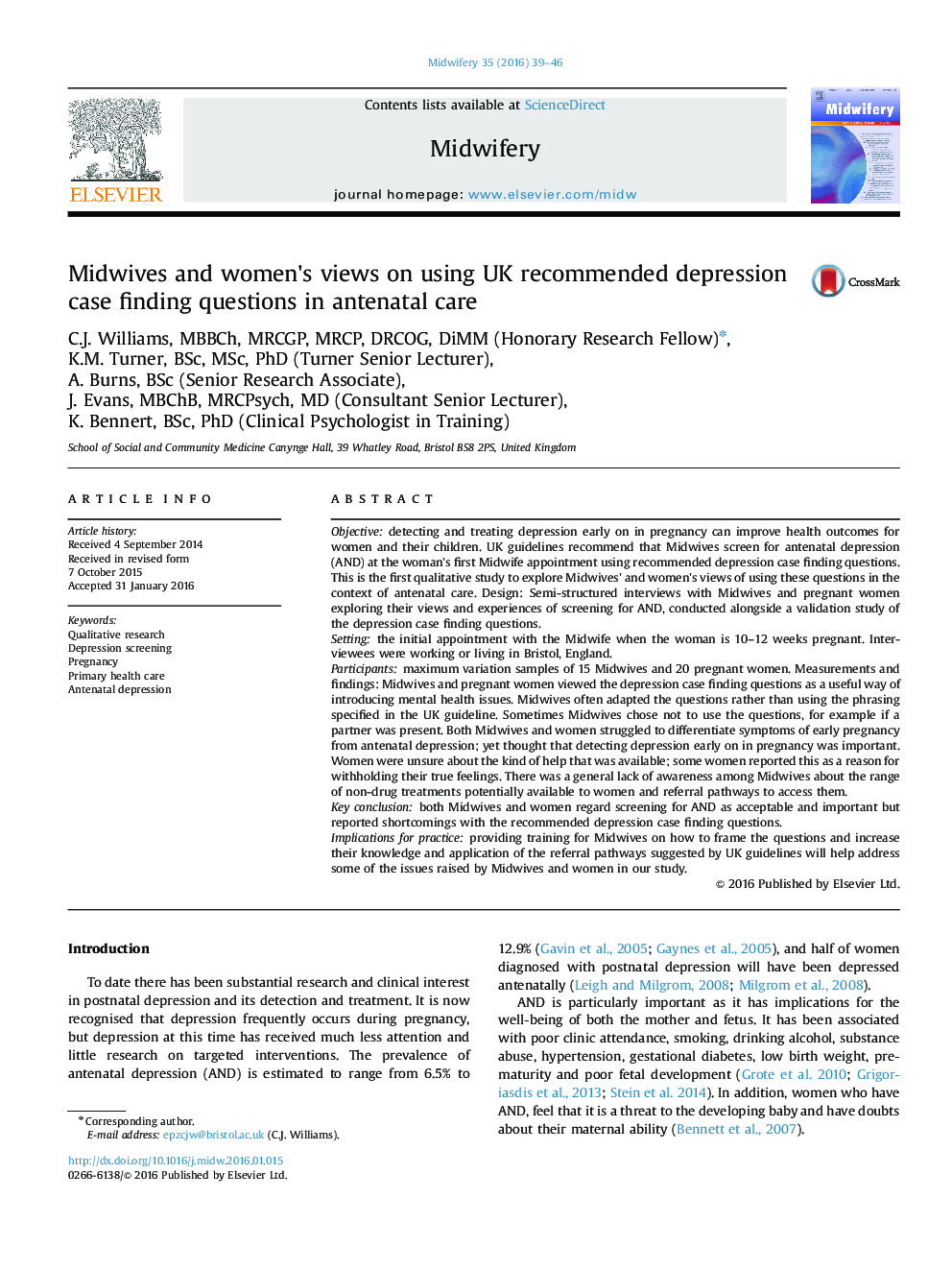 Midwives and women׳s views on using UK recommended depression case finding questions in antenatal care