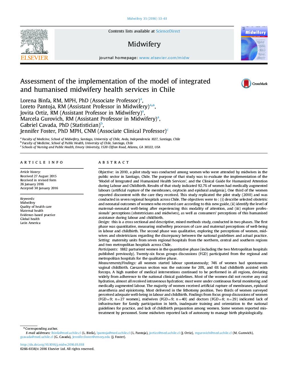 Assessment of the implementation of the model of integrated and humanised midwifery health services in Chile