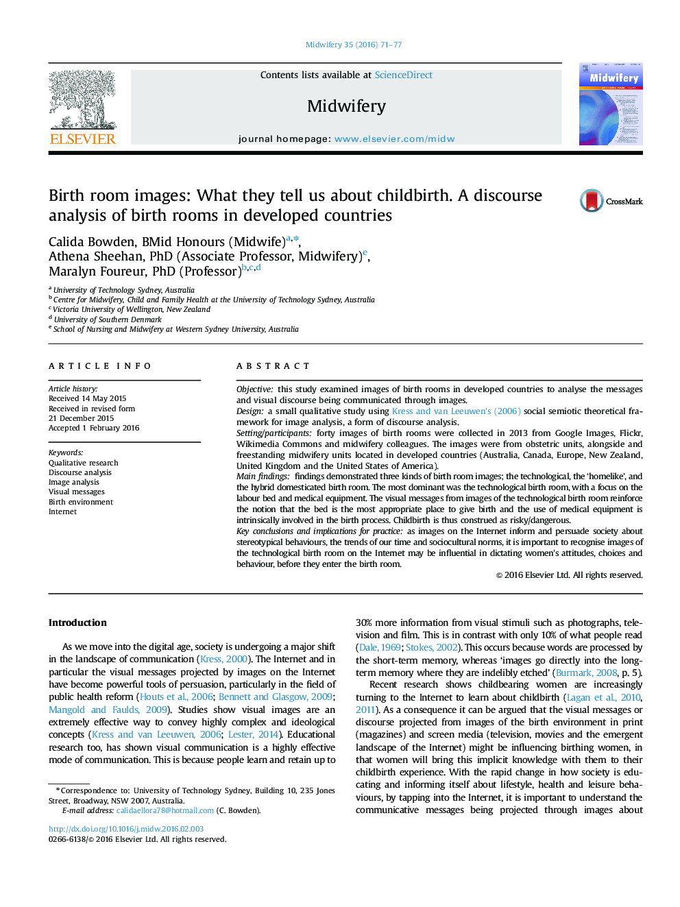 Birth room images: What they tell us about childbirth. A discourse analysis of birth rooms in developed countries