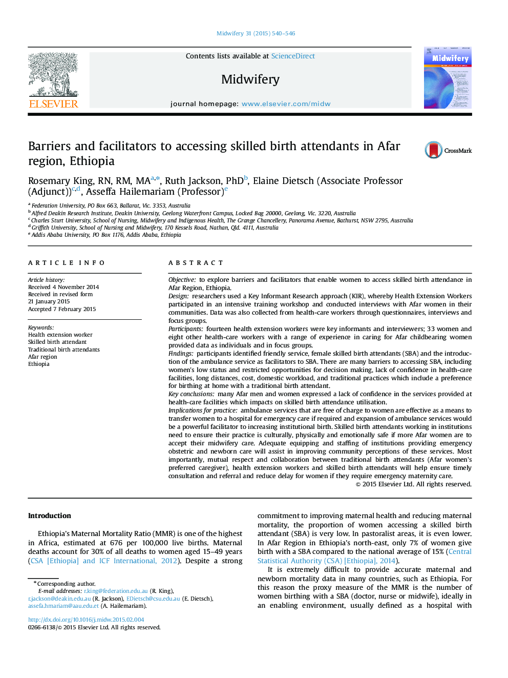 Barriers and facilitators to accessing skilled birth attendants in Afar region, Ethiopia