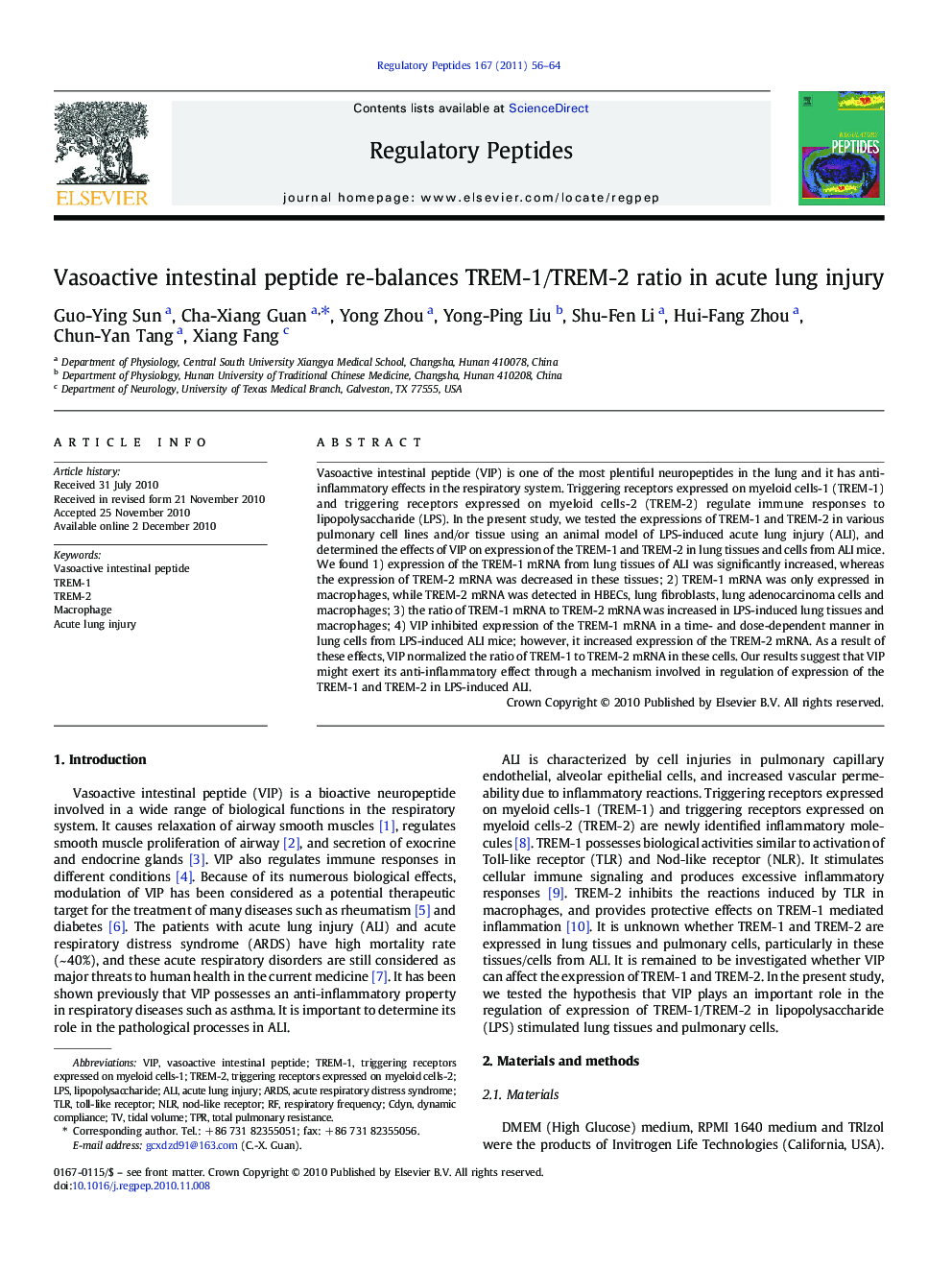 Vasoactive intestinal peptide re-balances TREM-1/TREM-2 ratio in acute lung injury