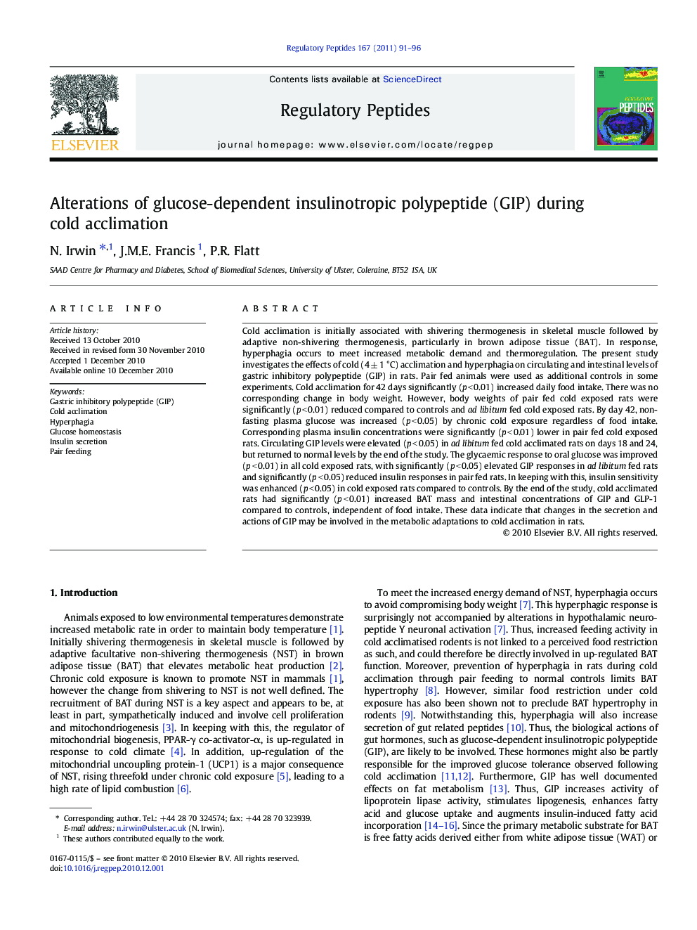 Alterations of glucose-dependent insulinotropic polypeptide (GIP) during cold acclimation