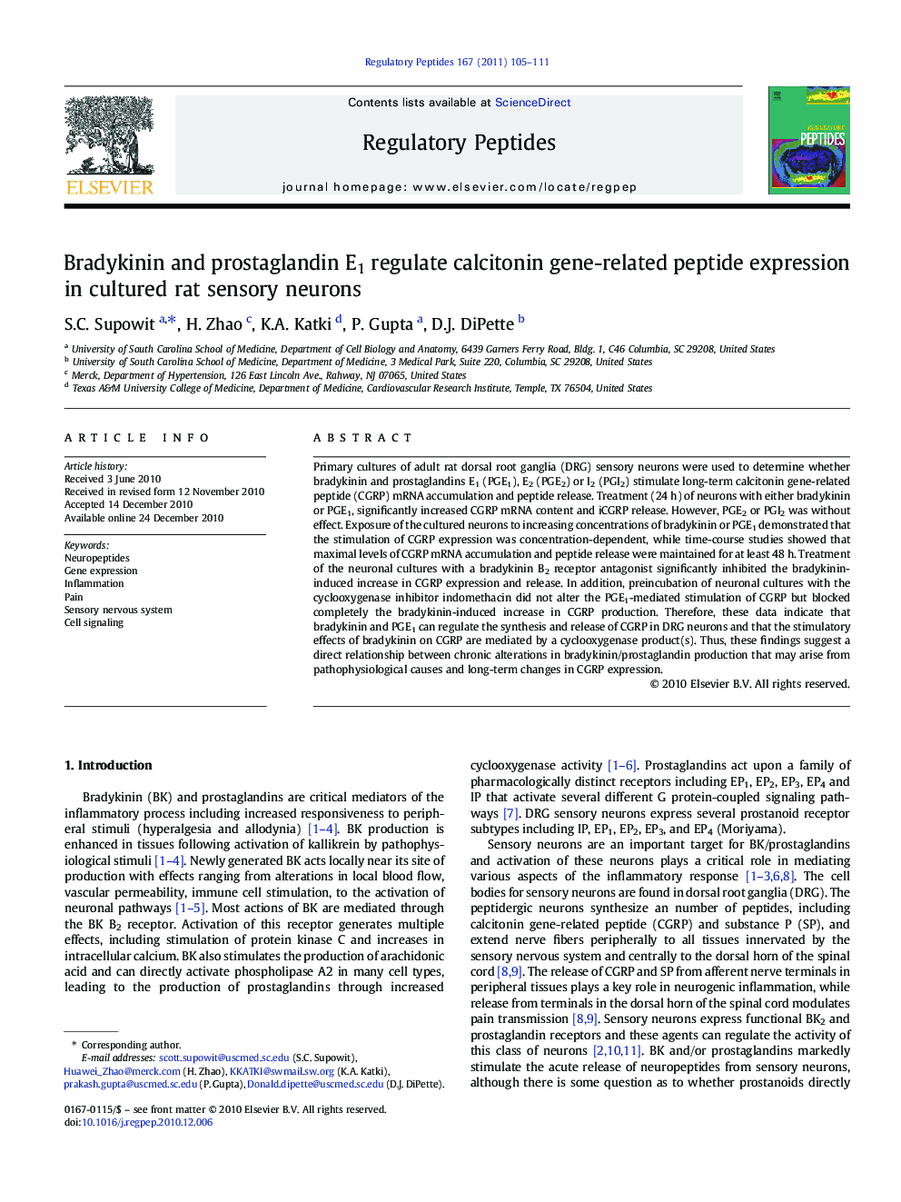 Bradykinin and prostaglandin E1 regulate calcitonin gene-related peptide expression in cultured rat sensory neurons