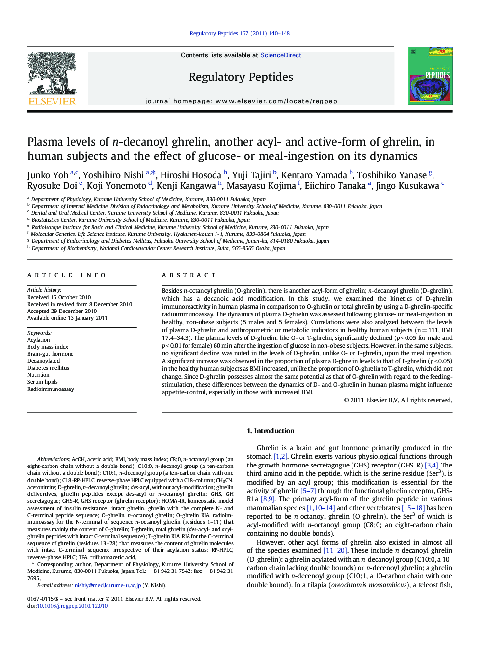 Plasma levels of n-decanoyl ghrelin, another acyl- and active-form of ghrelin, in human subjects and the effect of glucose- or meal-ingestion on its dynamics
