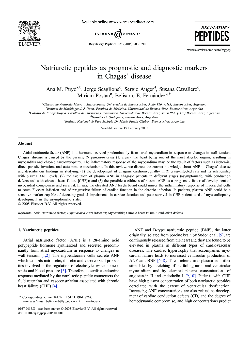 Natriuretic peptides as prognostic and diagnostic markers in Chagas' disease