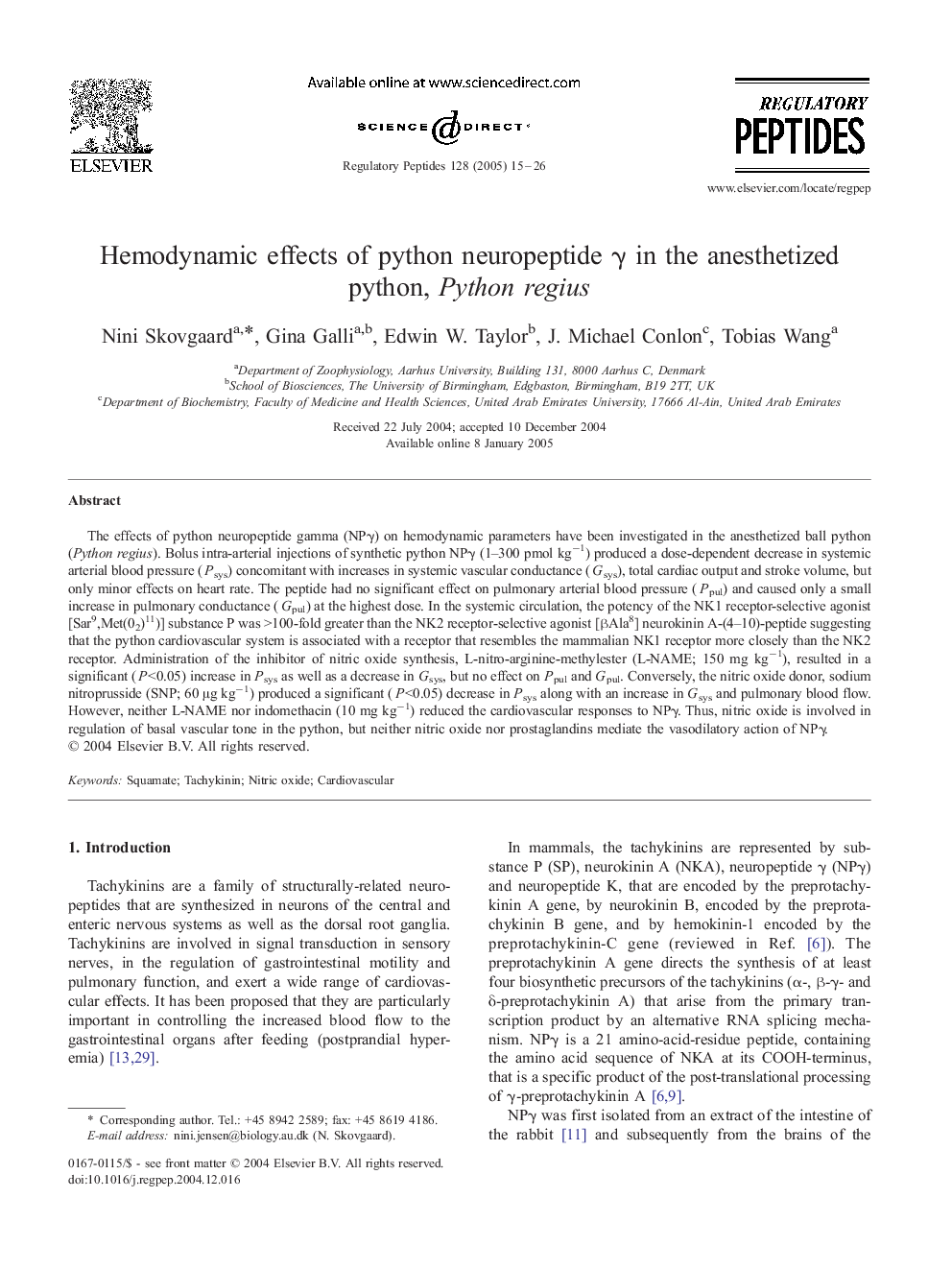 Hemodynamic effects of python neuropeptide Î³ in the anesthetized python, Python regius