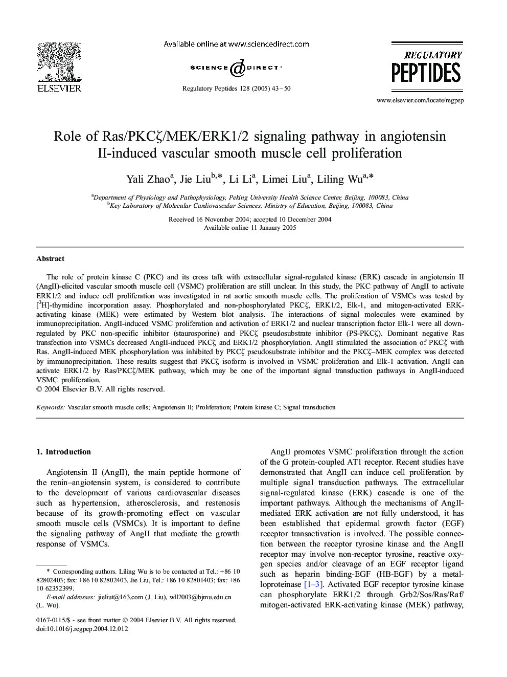 Role of Ras/PKCÎ¶/MEK/ERK1/2 signaling pathway in angiotensin II-induced vascular smooth muscle cell proliferation