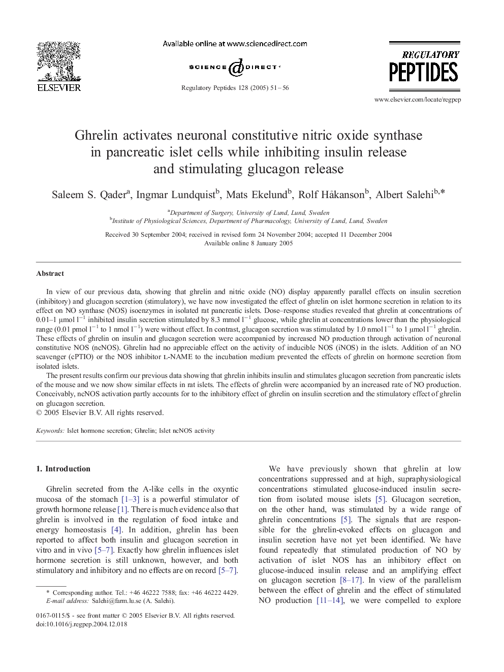 Ghrelin activates neuronal constitutive nitric oxide synthase in pancreatic islet cells while inhibiting insulin release and stimulating glucagon release