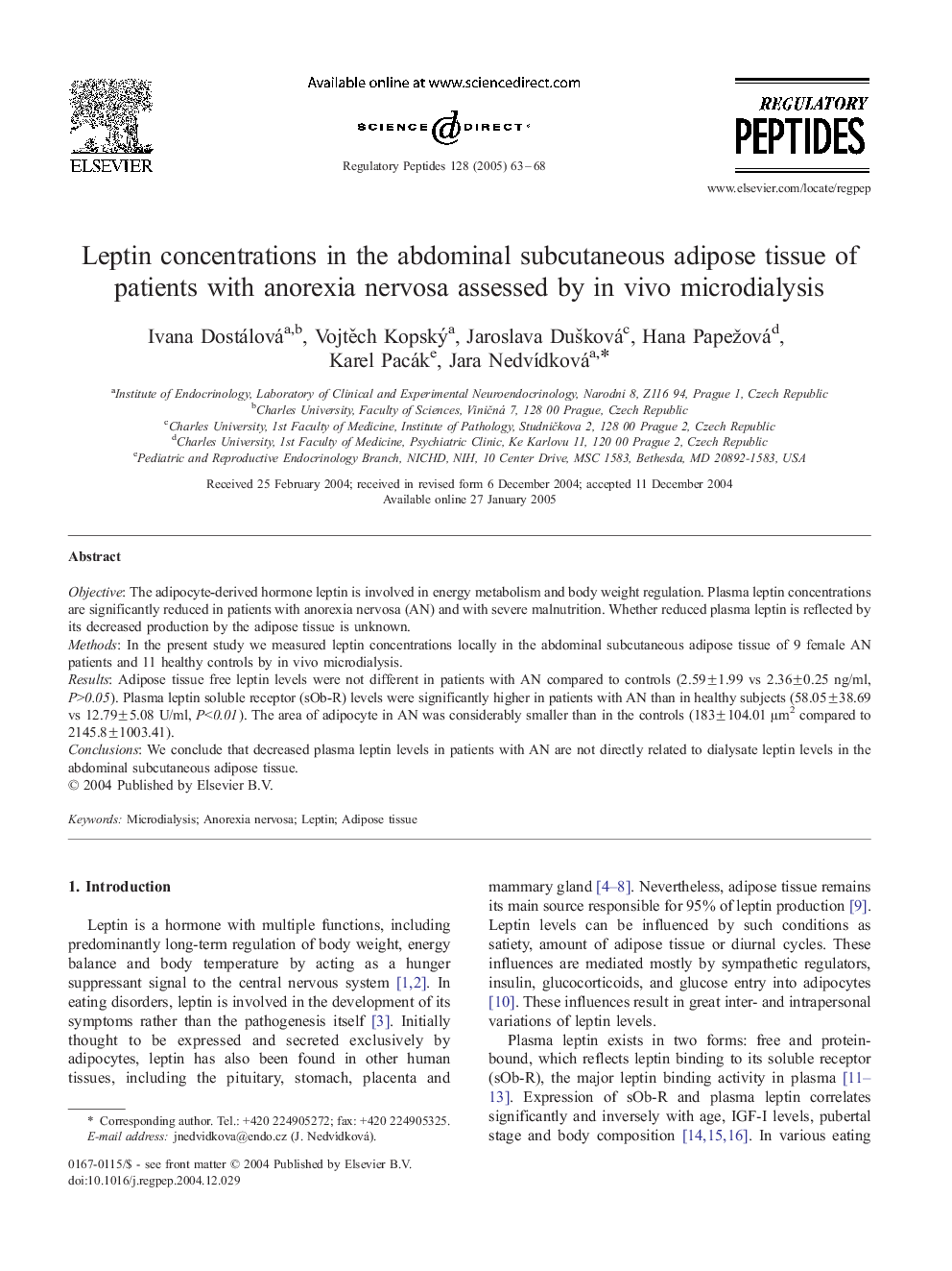 Leptin concentrations in the abdominal subcutaneous adipose tissue of patients with anorexia nervosa assessed by in vivo microdialysis