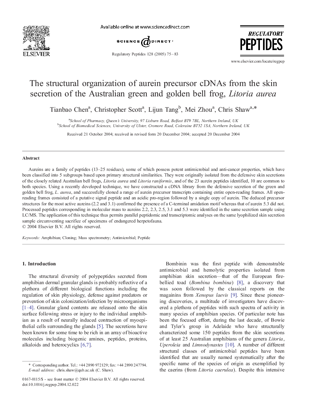 The structural organization of aurein precursor cDNAs from the skin secretion of the Australian green and golden bell frog, Litoria aurea