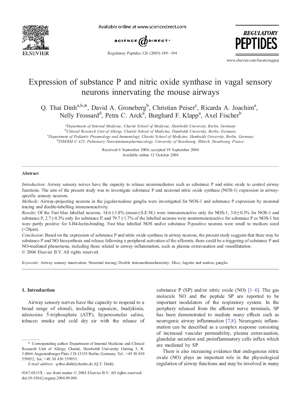 Expression of substance P and nitric oxide synthase in vagal sensory neurons innervating the mouse airways