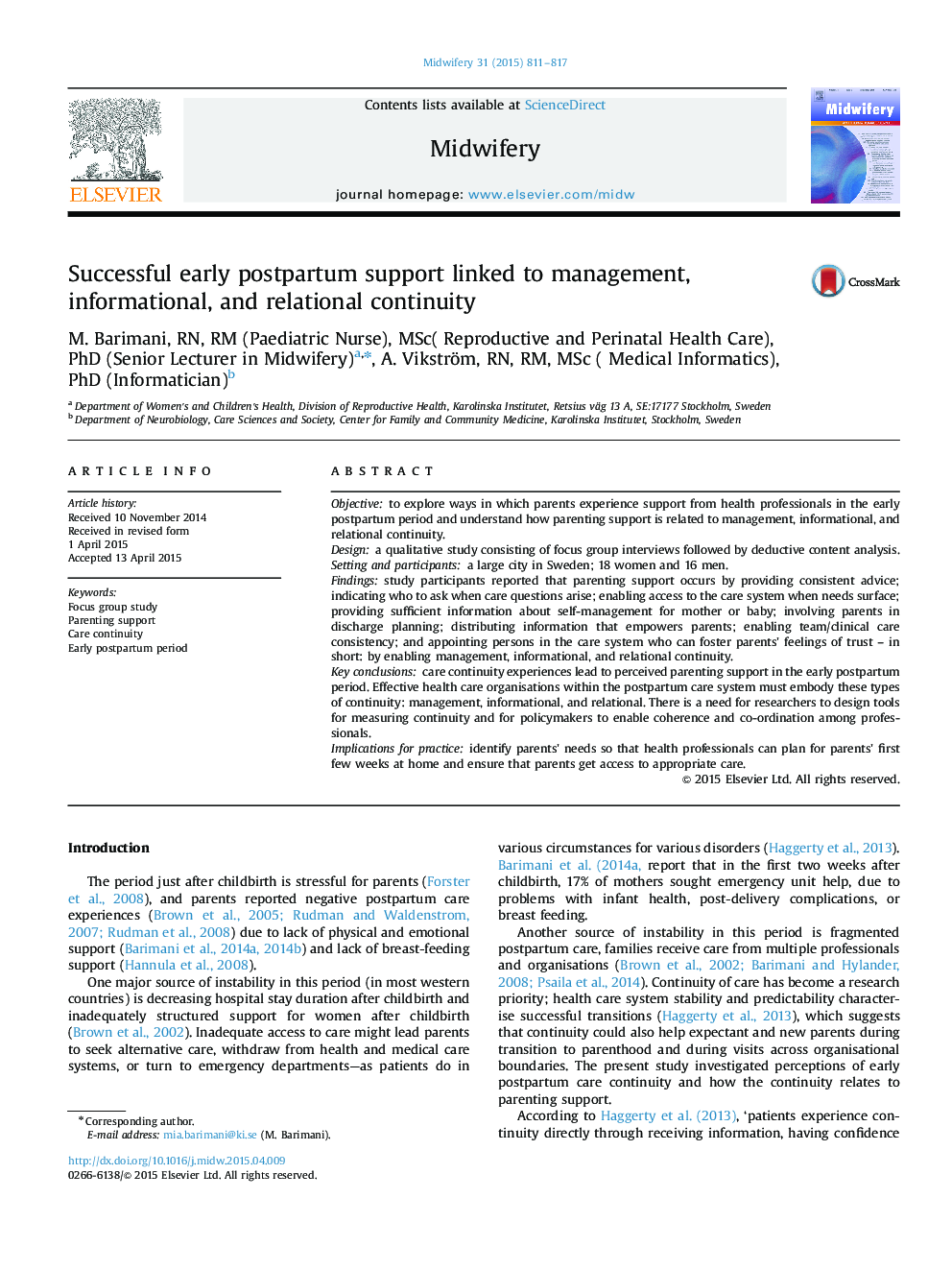 Successful early postpartum support linked to management, informational, and relational continuity